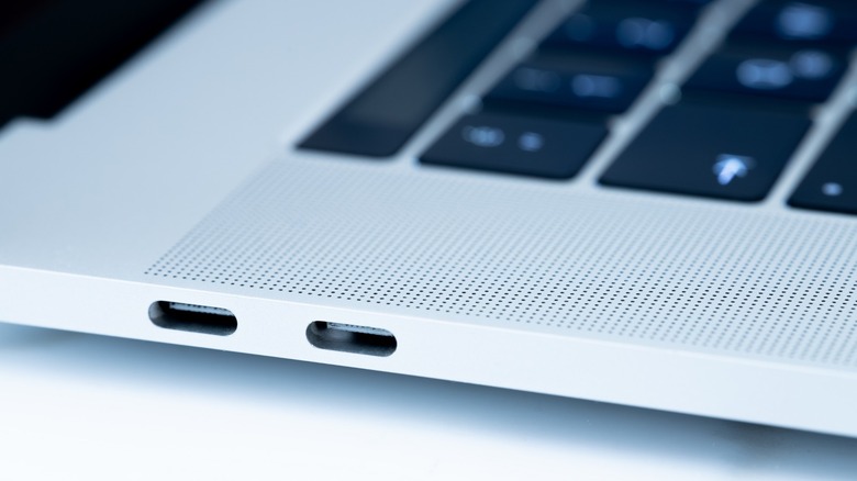 Close up of USB-C ports on a MacBook