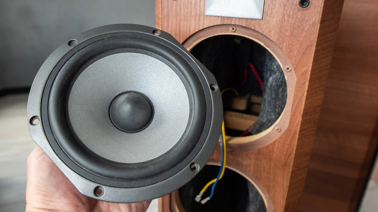 Person holding a speaker driver in front of a disassembled wooden speaker cabinet