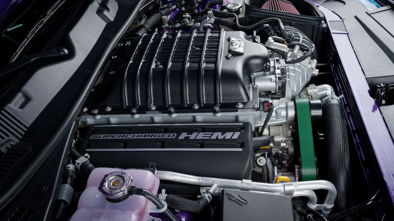 Dodge charger engine with the supercharger exposed