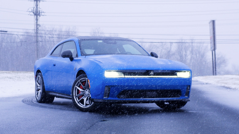2026 Dodge Charger Daytona front 3/4 view in snow