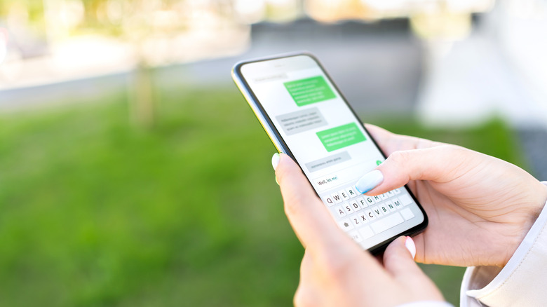 A rough mockup of the Messages app on an iPhone showing green SMS messages