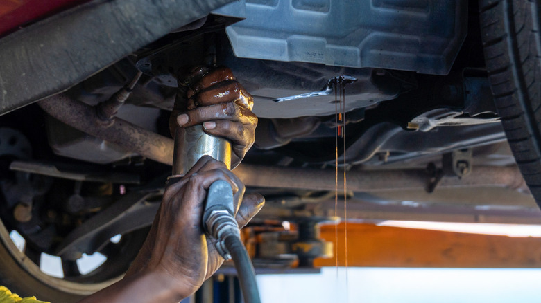 Auto mechanic draining transmission fluid from a vehicle