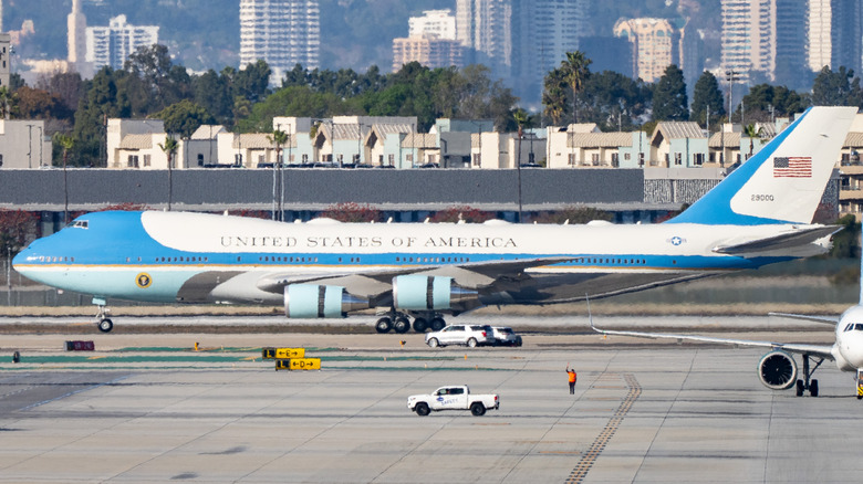 Air Force One parked on a runway.