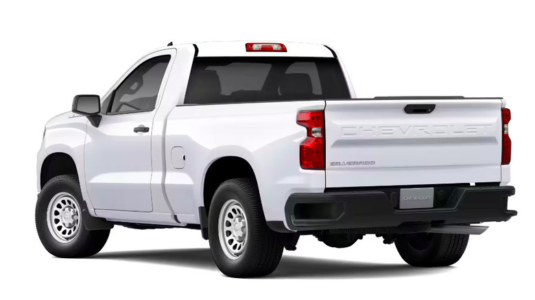 Rear 3/4 view of 2026 Chevrolet Silverado 1500 Regular Cab, Standard Bed, Work Truck (WT)