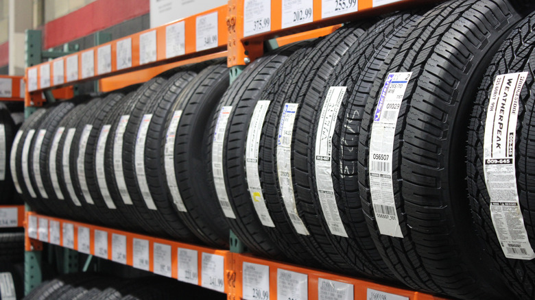Picture showing tires displayed in a Costco