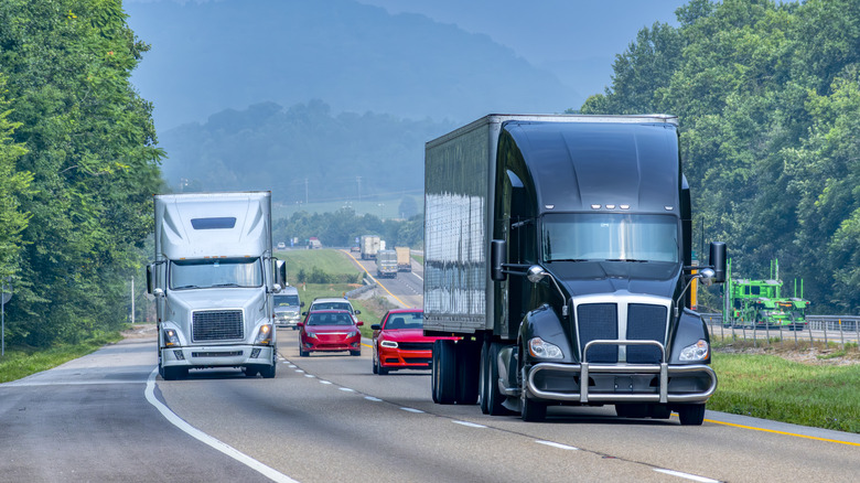 Mixed traffic on rural highway, front-view