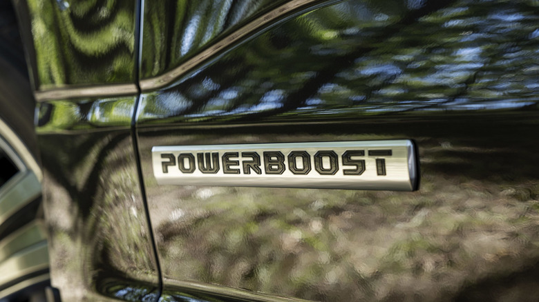 Close-up of PowerBoost logo on side of F-150