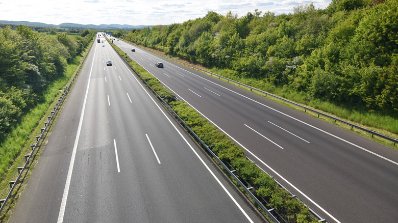 Overhead view of German Autobahn on sunny day