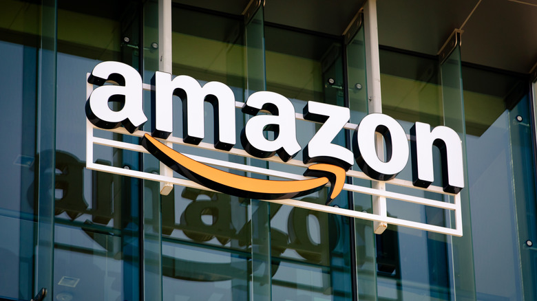 Closeup of Amazon logo on the company office building in Palo Alto, Silicon Valley, San Francisco Bay Area.