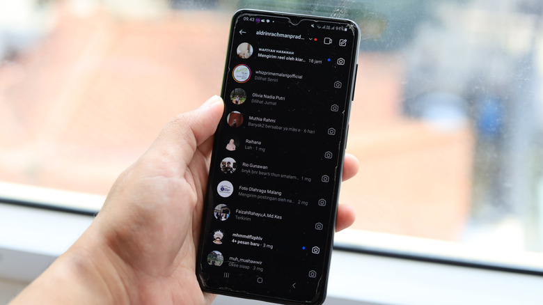 Instagram Direct Message tab on a Android smartphone.
