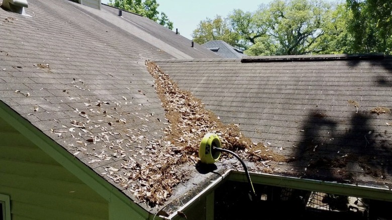 Ryobi Gutter Blower with a leaf-covered roof