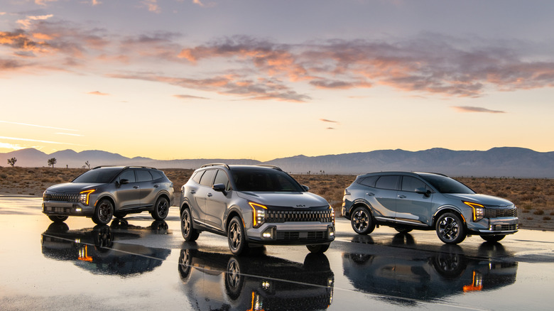 Three 2026 Kia Sportage models parked at sunset on a wet road