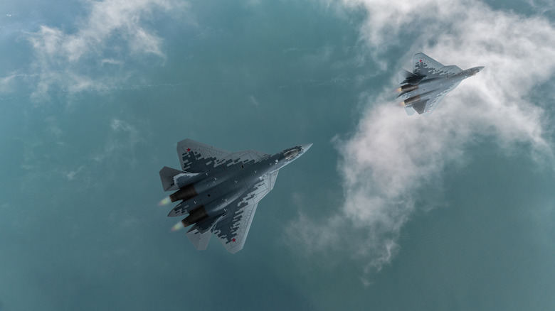 SU-57 Russian Jet Aircraft flying over sea