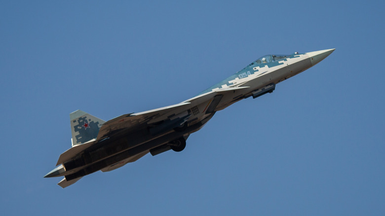 Russian Air Force Sukhoi Su-57 twin-engine stealth multirole fighter aircraft performs aerial manoeuvres