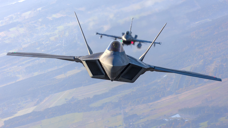 Two fighter jets flying in line.