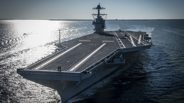The USS Gerald R. Ford class CVN 78, an aircraft carrier that the U.S. Navy is testing Starlink integration on, sets sail
