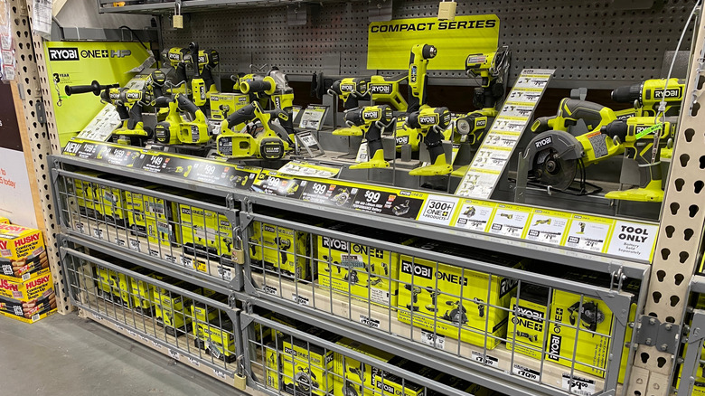 A Ryobi tool display at a store.