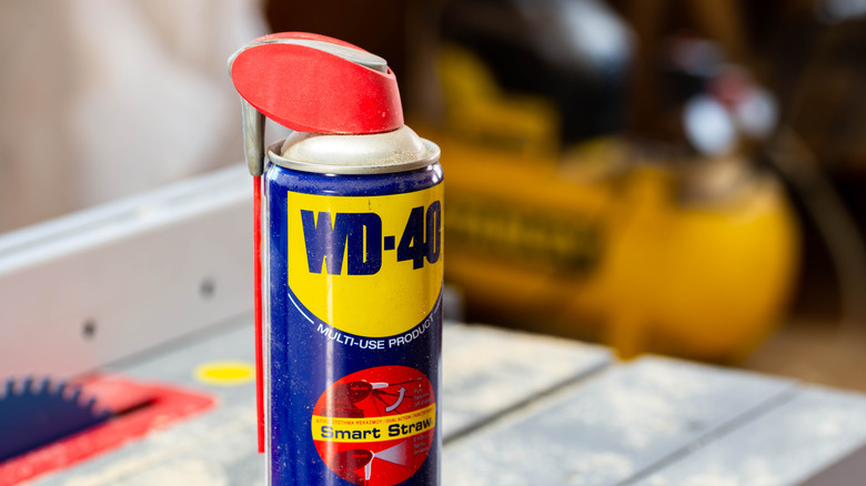 A WD-40 can on a surface.