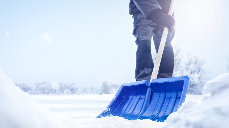 Person shoveling snow from a sidewalk