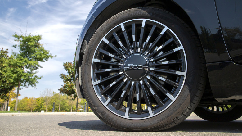 Wheel of a Fiat electric car.