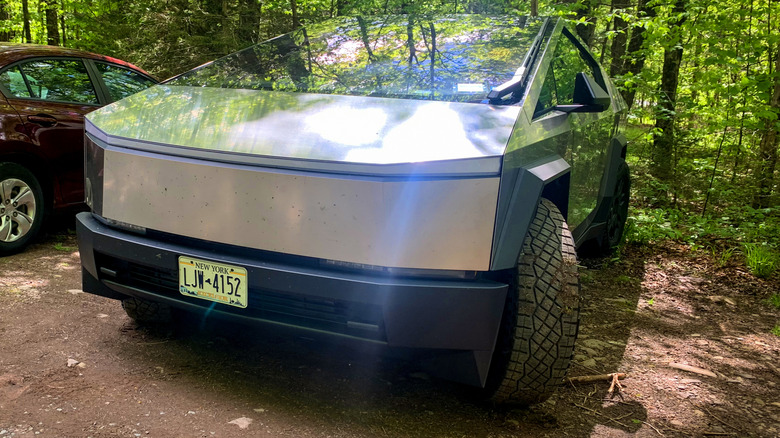 Frontal closeup of Tesla Cybertruck.
