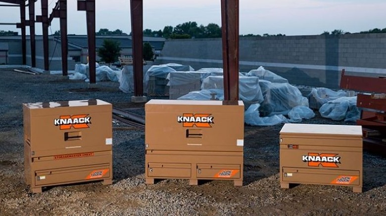 three tan Knaack gangboxes on a job site