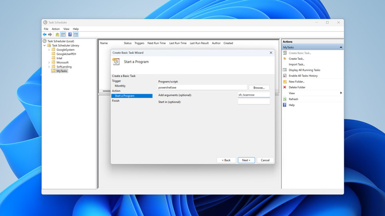 Setting up a task to automate SFC scan using Task Scheduler in Windows 11