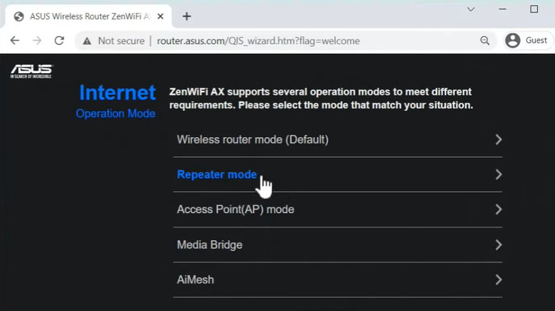 Asus Wi-Fi router settings showing the repeater mode option