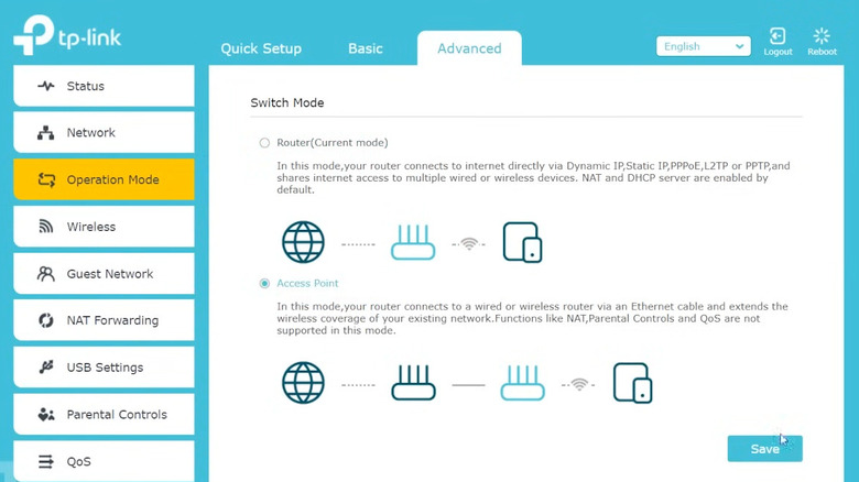 TP-Link router settings showing operation mode set as access point