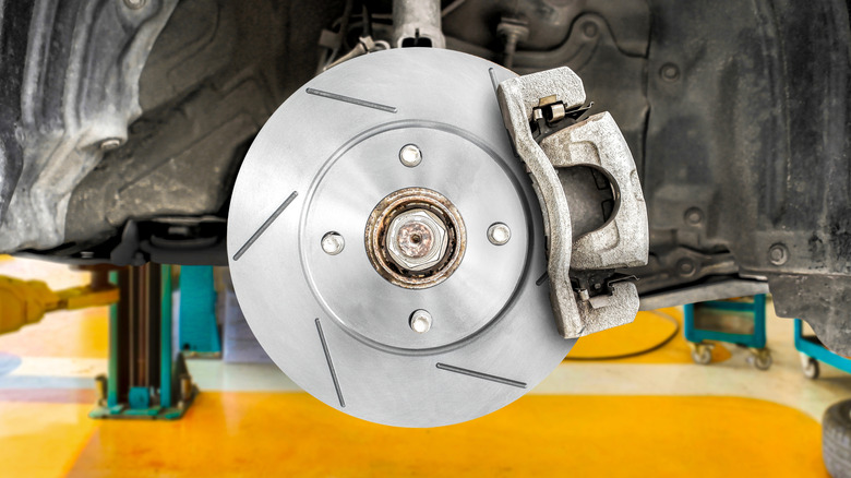 Slotted brake assembly on car without wheel
