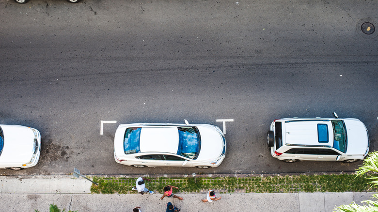 Aerial view of parked vehicles.