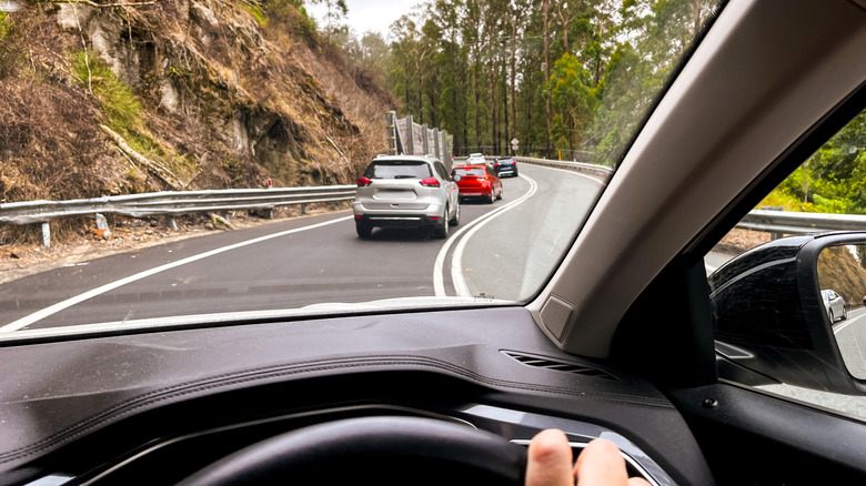 Driver's perspective through the front windscreen.