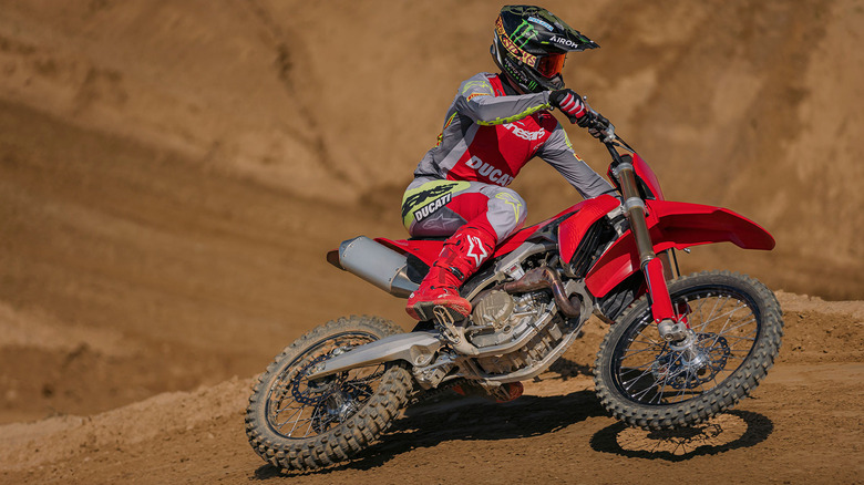 Ducati Desmo450 MX riding on dirt