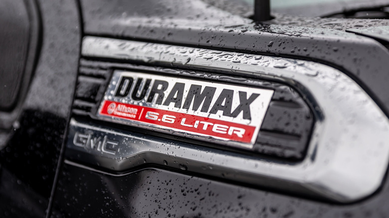 A GMC pickup sporting the 6.6L Duramax diesel engine badge