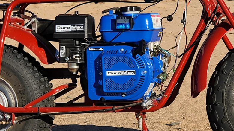 close up view of a DuroMax engine mounted on a project motorcycle