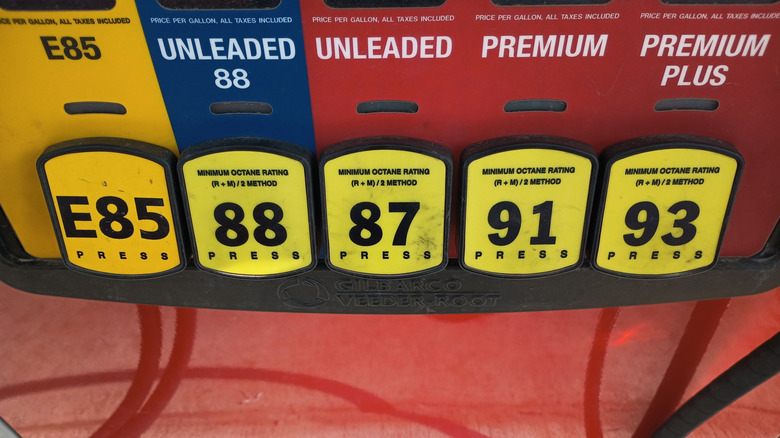 Close up of gasoline pump showing a range of available gasoline grades