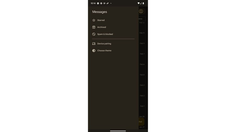 screenshot of Messages quick settings menu 