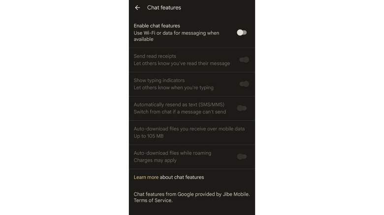 screenshot of enable chat features option in Messages settings 