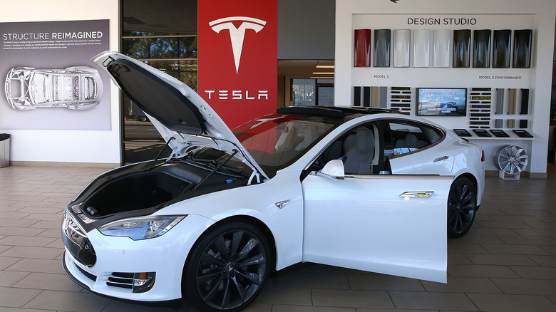 tesla car in show room