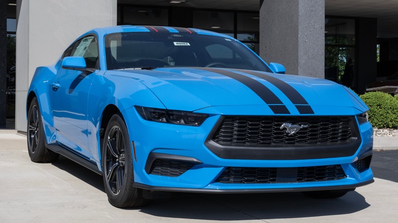 Front shot of a blue Ford Mustang EcoBoost