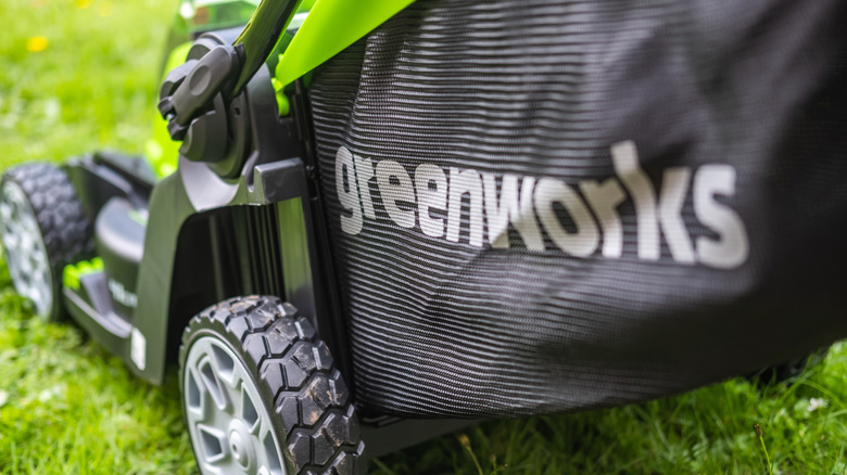 Close up of a Greenworks battery operated lawnmower
