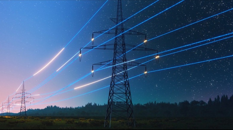 an illustration showing electricity flowing both ways down transmission lines