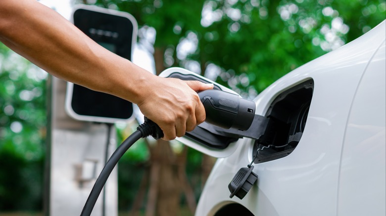 Driver connecting car to charger