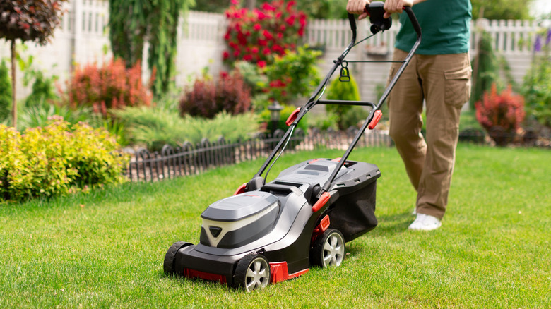 Man using lawn mower in yard