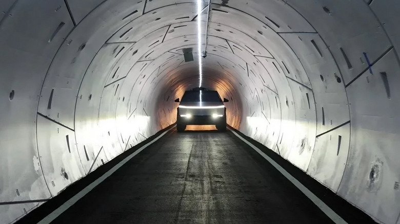 A Cybertruck is seen in a tunnel dug by The Boring Company