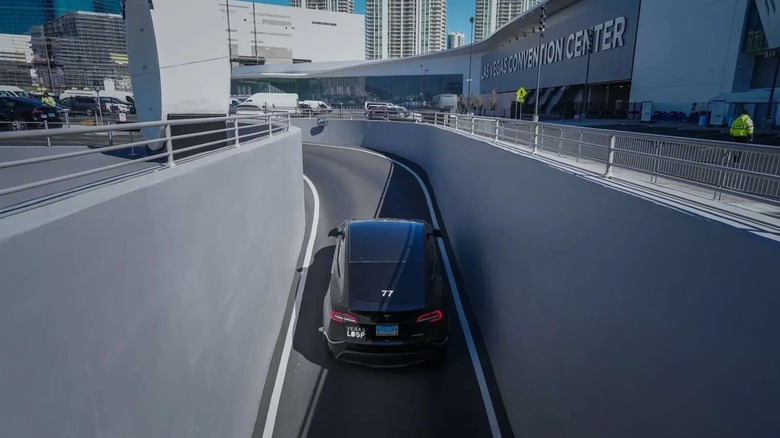 A black Tesla exits the Las Vegas Loop