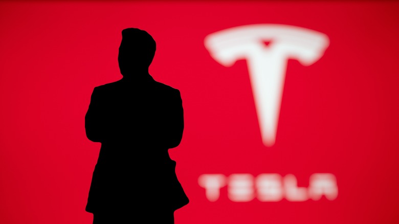 Elon Musk silhouette with red background of Tesla logo
