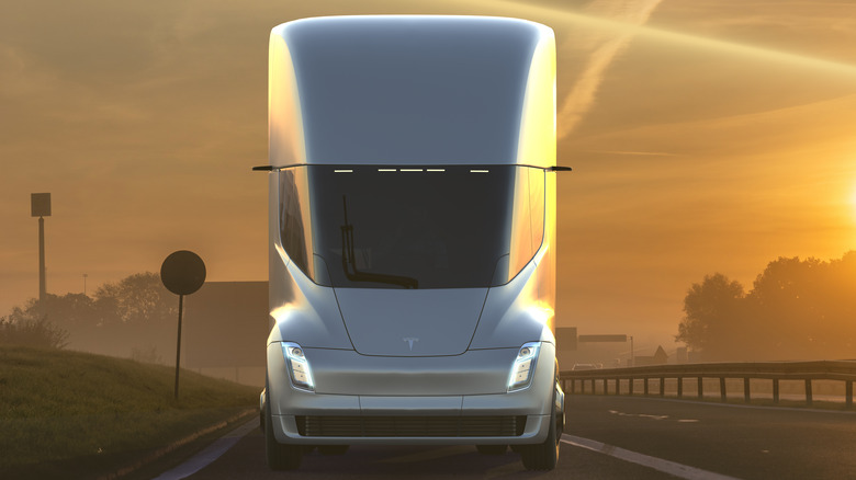 A Tesla Semi's front profile.