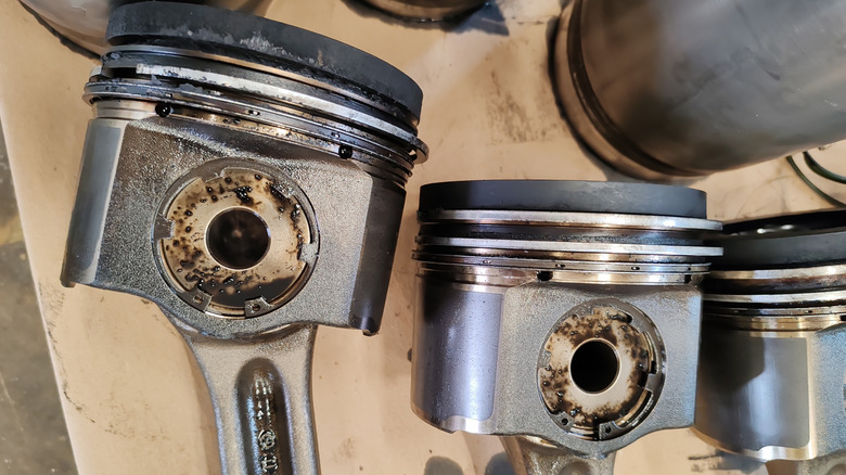 Close-up view of pistons removed from engine
