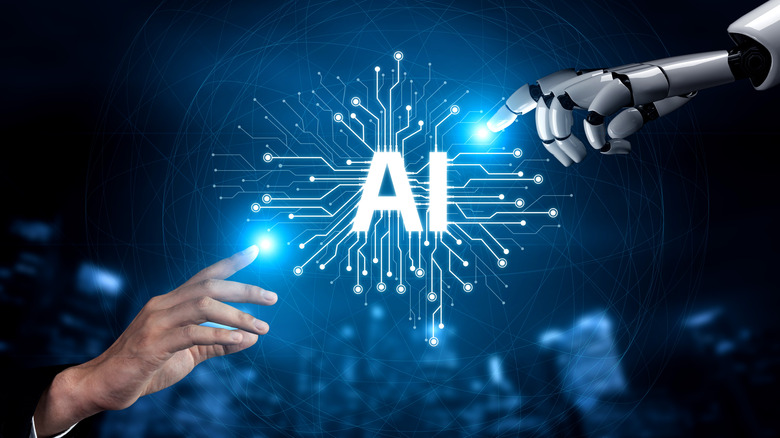 Image mirroring Creation of Adam, with human hand reaching to robot hand, and the word AI between them.